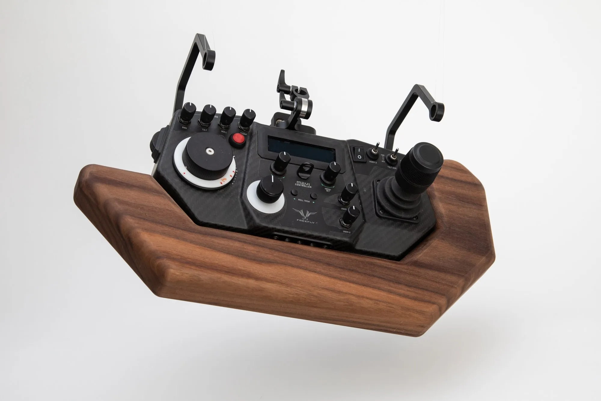 Custom MoVI gimbal controller with a CNC-machined walnut body, built in-house