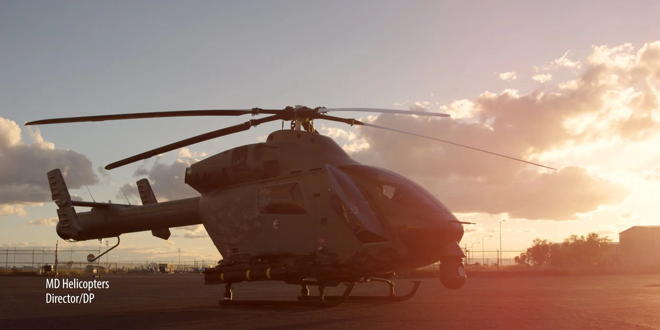 MD Helicopters aircraft at golden hour, shot by Birds Eye Productions as director and DP